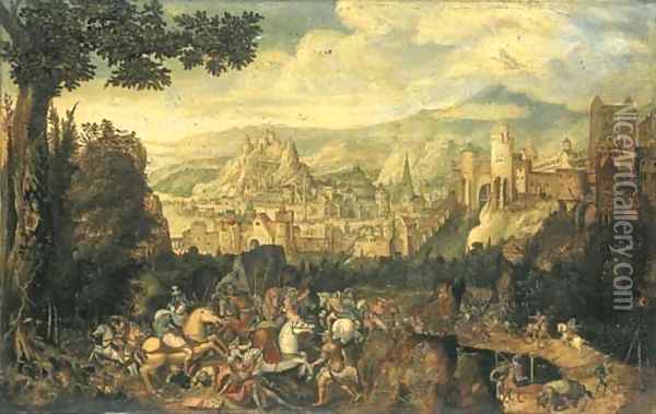 A landscape with the conversion of Saint Paul on the road to Damascus Oil Painting - Herri met de Bles