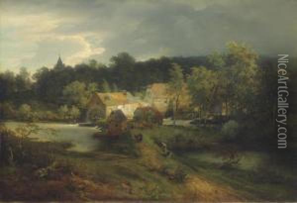 The Watermill In The Village Oil Painting - Andreas Achenbach