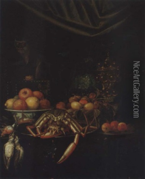 A Still Life Of Oranges And Lemons In A Porcelain Bowl, Fruit And Nuts In A Wicker Basket, Other Fruits And Objects Upon A Table Top, Together With A Monkey Oil Painting - Andrea Benedetti