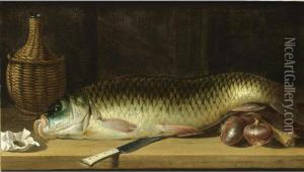 A Still Life With A Carp, Red 
Onions, A Knife, A Wicker-bottle And A Paper Pouch With Tobacco, All On A
 Wooden Ledge Oil Painting - Pieter Van Boucle