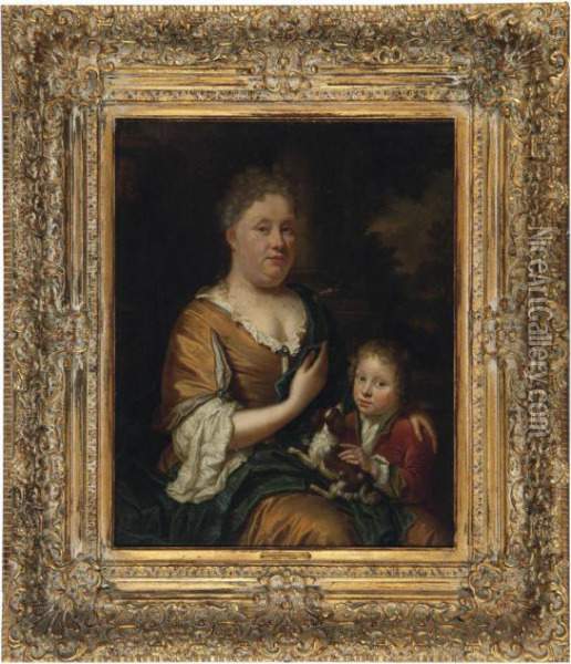 Portrait Of A Lady And Child Holding A Spaniel Oil Painting - Jan Verkolje