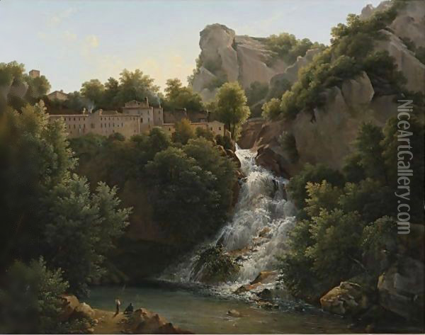 A Landscape With A Waterfall, A Mountain Village At The Edge Of The Cliff Oil Painting - Augustin Marius Paul Bec (Polydore De Bec)
