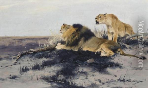 Roaring Lions Oil Painting - Wilhelm Kuhnert
