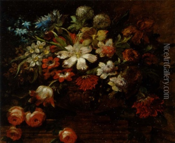 Opstilling Med Brogede Blomster I En Opsats Oil Painting - Paul Theodor van Bruessel
