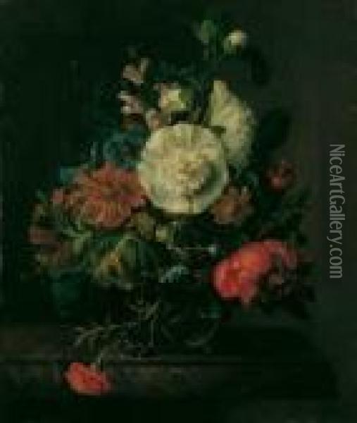 Blumenstilleben. Auf Einer 
Marmorierten Tischplatte Eine Glasvase Mit Einem Bunten 
Blumenarrangement. Oil Painting - Rachel Ruysch
