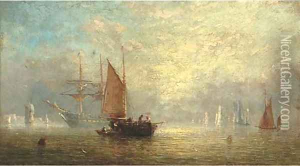 Fishermen unloading at dusk, with a frigate at anchor beyond Oil Painting - Adolphus Knell