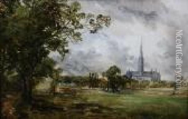 A View Of Salisbury Cathedral Oil Painting - Alfred Vickers