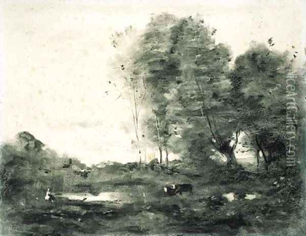 An extensive wooded landscape with cows Oil Painting - Jean-Baptiste-Camille Corot