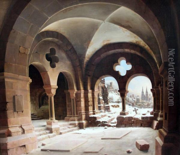 Klosterkreuzgang Im Winter Mit Blick Auf Eine Zweiturmigekathedrale Oil Painting - Carl Georg Adolf Hasenpflug