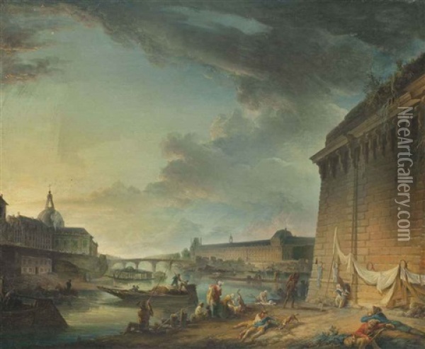 Vue De La Seine Et Du Louvre, Prise Depuis Le Vert Galant, Sous Le Pont Neuf Oil Painting - Elias Martin