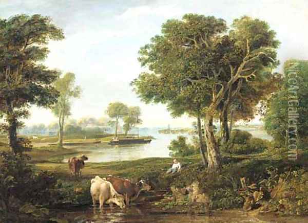 A drover with cattle in a river landscape Oil Painting - English School