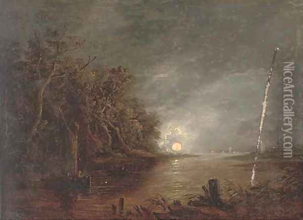 A moonlit river landscape; and The Madonna with male saints Oil Painting - Aert van der Neer