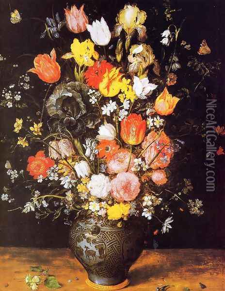 Bouquet of Flowers in a Blue Vase Oil Painting - Jan The Elder Brueghel