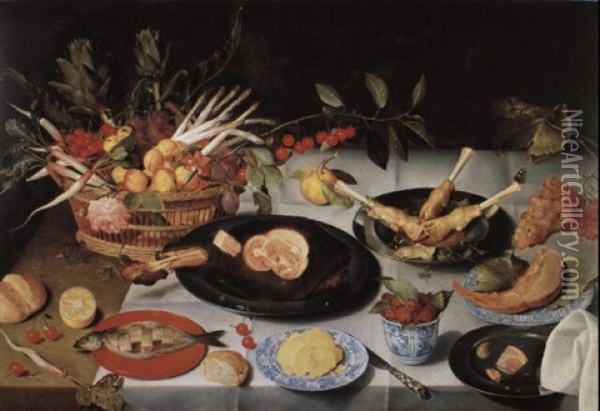 Still Life With Basket Of Fruit And Vegetables And Meat On Dishes Oil Painting - Jacob van Hulsdonck