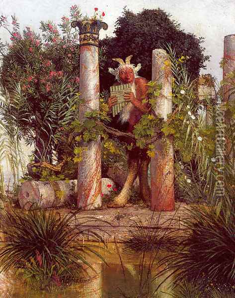 Idyll (Pan Amidst Columns) 1875 Oil Painting - Arnold Bocklin