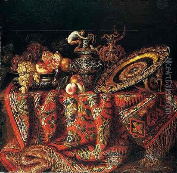 A Still Life Of Peaches, Grapes And Pomegranates In A Pewter Bowl, An Ornate Ormolu Plate And Ewers, All Resting On A Table Draped With A Carpet Oil Painting - Jacques Hupin