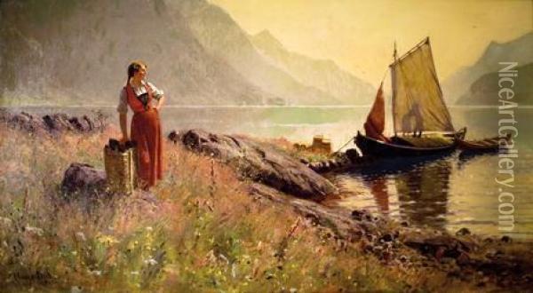 Norwegian Lakeside Landscape With Figures Oil Painting - Hans Dahl
