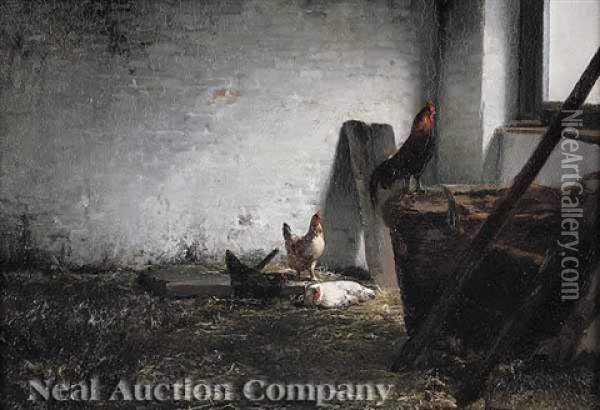 Roosters In A Barn Oil Painting - Charles Collins II