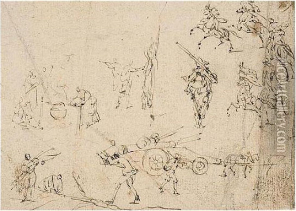 Sheet Of Studies Of Scenes From Army Life. Oil Painting - Jacques Callot