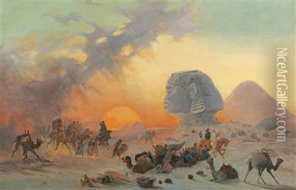 A Caravan In The Desert In A Simoom Oil Painting - Ippolito Caffi