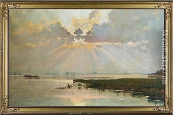 Jezioro O Zachodzie Slonca Oil Painting - Wladimir (Wlodzimierz) Nalecz