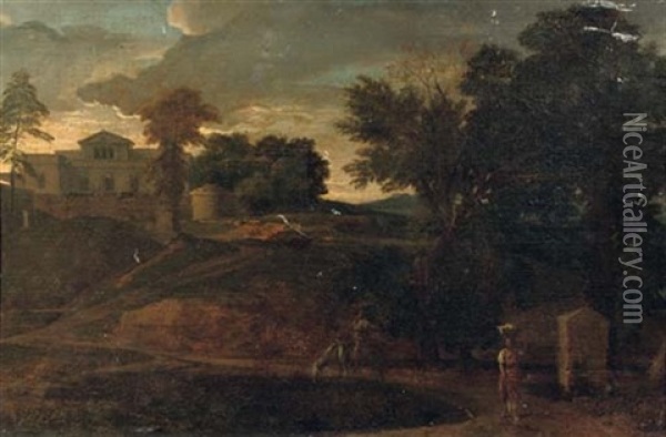An Italianate Landscape With A Washerwoman Near A Lake, A Villa On A Hill Beyond Oil Painting - Gaspard Dughet