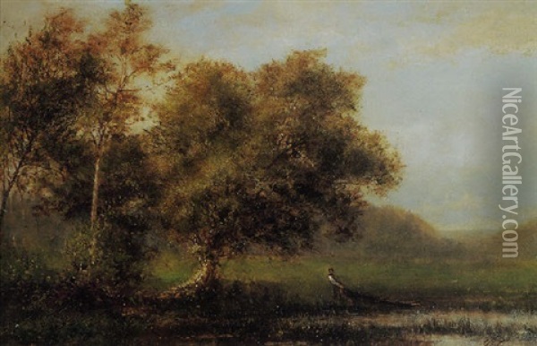A Man Pulling A Boat To Shore Oil Painting - George Inness