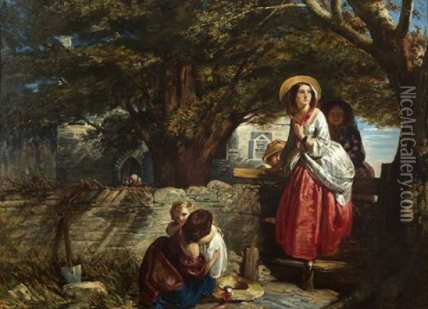 Women And Children At Church Wall Oil Painting - William Underhill