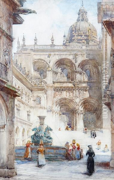The Southern Fa ade Of The Santiago De Compostela Cathedral, Spain Oil Painting - Henry Charles Brewer