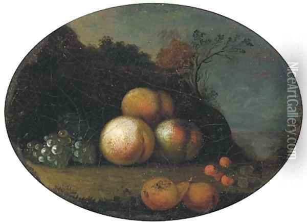 Peaches, grapes, pears and cherries in a wooded clearing Oil Painting - Tobias Stranover
