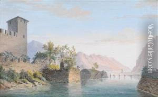 Das Castellodella Rocca Bei Riva Am Gardasee Oil Painting - Johann Georg Schedler