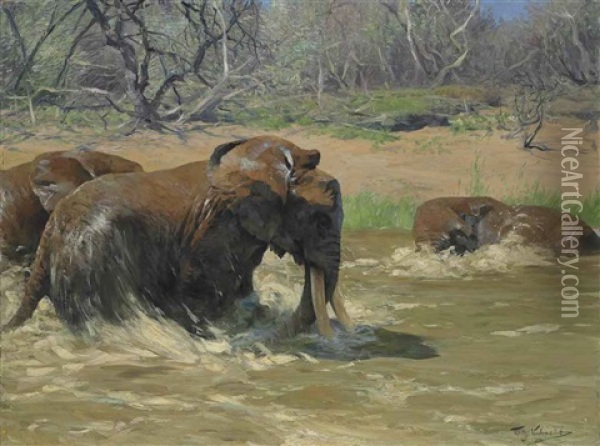 Elephants In A River Oil Painting - Wilhelm Friedrich Kuhnert
