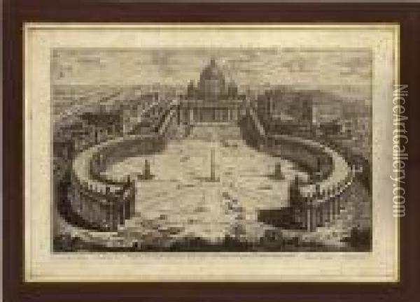 Veduta Dell Insigne Basilia Vatican Coll'ampio Portico E Piazza Adjacente Oil Painting - Giovanni Battista Piranesi