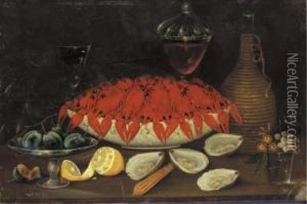 Crayfish In A Porcelain Bowl And Plums On A Tazza Oil Painting - Johann Seitz