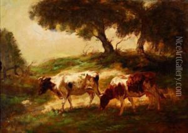 Twee Koeien In Boomrijk Landschap Oil Painting - Fedor Van Kregten