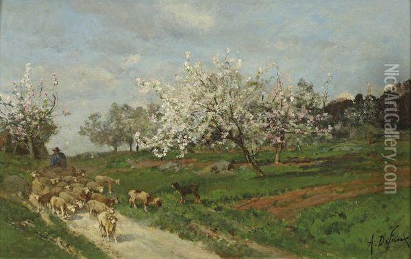 Troupeau De Mouton Pres Des Arbres En Fleur Oil Painting - Alexandre Defaux