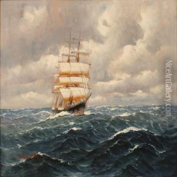 Seascape With A Sailing Ship In High Waves Oil Painting - Alfred Jensen