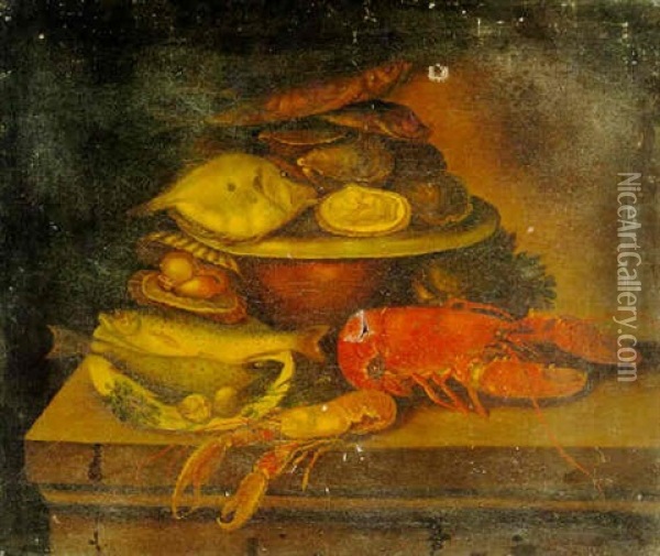 Still Life With Lobster, Trout And Oysters Oil Painting - George Lance