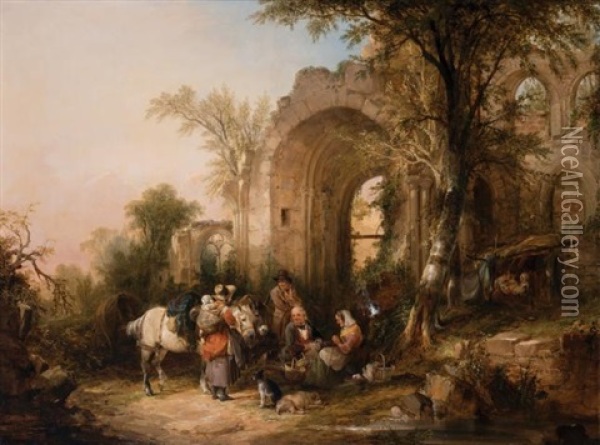 Travelers Resting By The East Window Of Netley Abbey Oil Painting - William Shayer the Elder