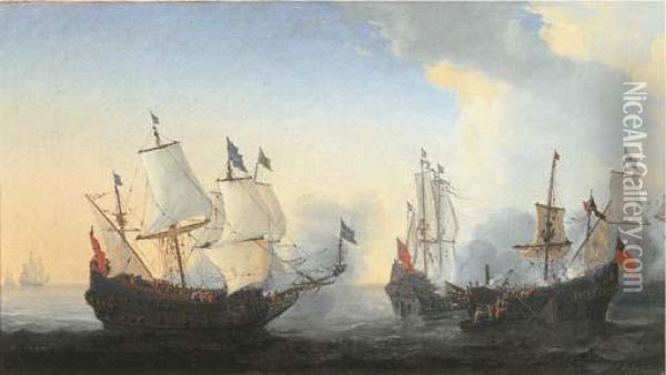 A Frigate Battle At Sea Oil Painting - Regnier Remigius Zeeman /
