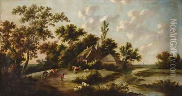 An extensive landscape with a herder, milkmaid and cattle before a farmstead Oil Painting - Peter Tillemans