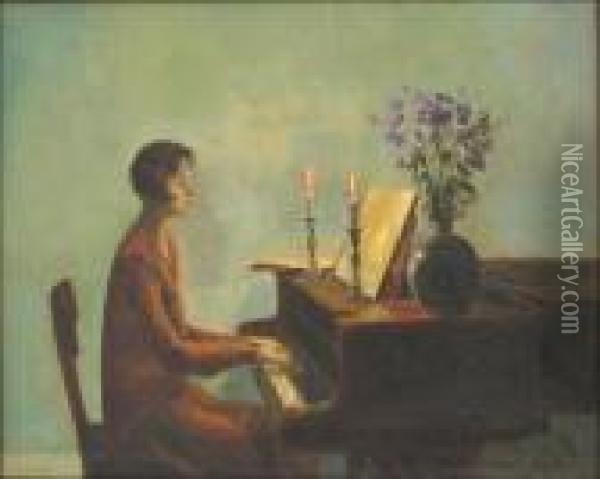 Lady At The Piano Oil Painting - Poul Friis Nybo