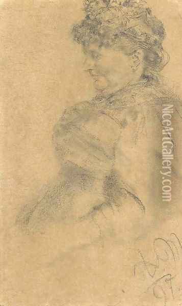 An old woman seated in profile to the left, three-quarter-length, wearing a hat Oil Painting - Adolph von Menzel