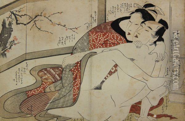 Couple Enlace Devant Un Shoji A Decor De Pruniers En Fleurs. Oil Painting - Kitagawa Utamaro