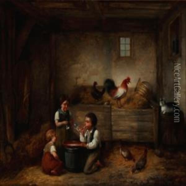 Three Children Blowing Soap Bubbles In A Barn Withchickens Oil Painting - Christian Andreas Schleisner
