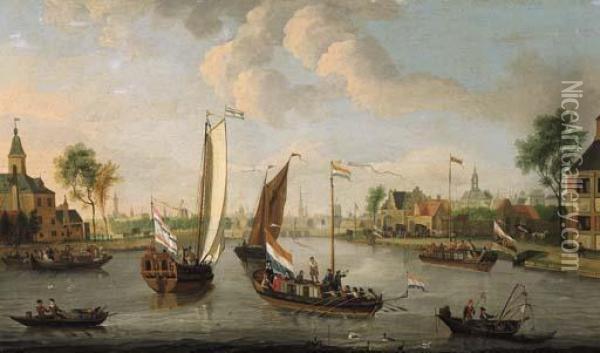 Yachts On The Buiten Amstel, 
Amsterdam, With The Spires Of The Zuider- And Oude Kerk Beyond Oil Painting - Jacobus Storck
