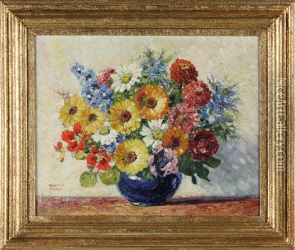 Delphiniums...& Zinnias In A Blue Jar Oil Painting - Walter Taylor