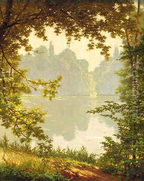 Looking out onto a lake on a summer day Oil Painting - Henri Biva