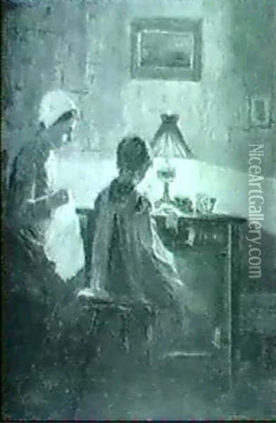 Zwei Junge Madchen Bei Naharbeiten In Einem Stubeninterieur Oil Painting - Anna Kirstine Ancher