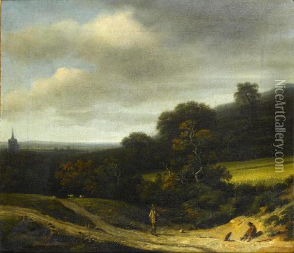 Wooded Landscape With Figures On A Sandy Road Before A Distant Town Oil Painting - Jacob Van Ruisdael